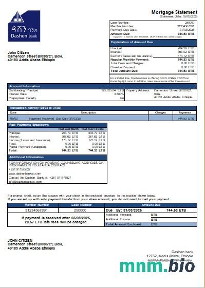 Etiopia Bank Dashen wyciąg z kredytu hipotecznego szablon Word i PDF